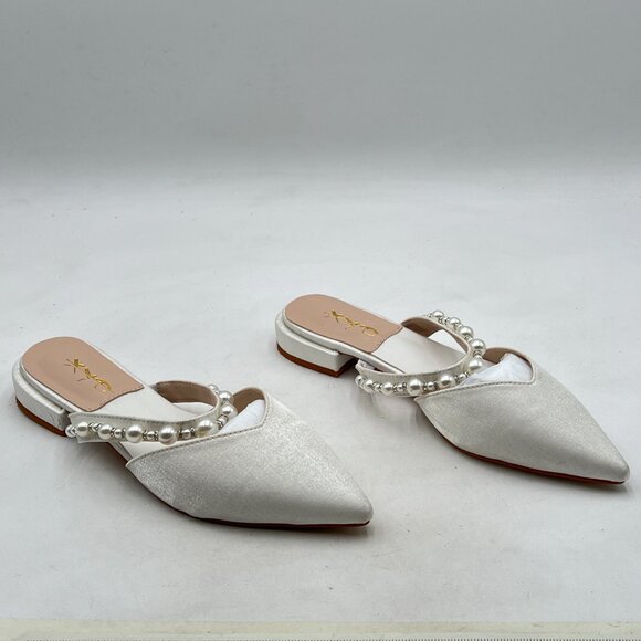 XYD White Mule with Pearls Strappy Pointed Toe Stylish Beaded Slides Sandals - Picture 3 of 7